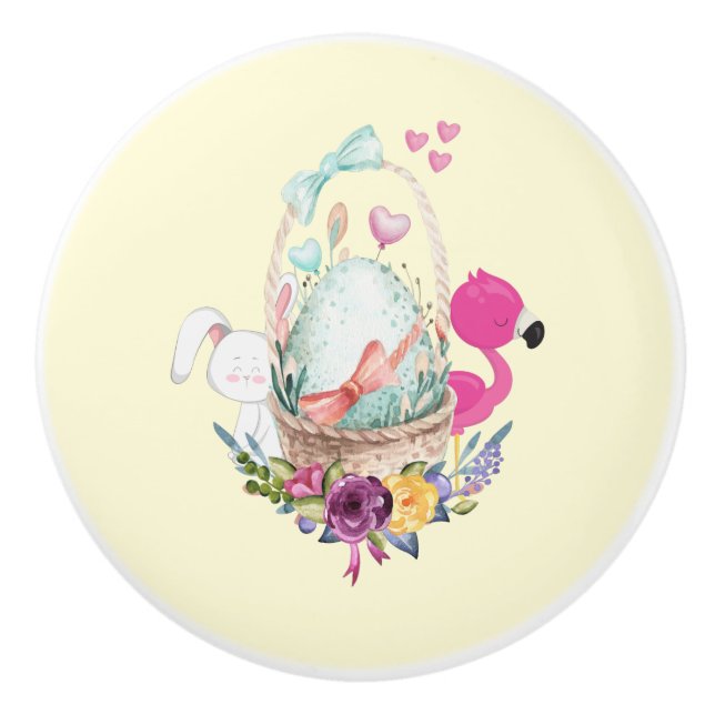 Cute Egg, Rosa Flamingo & Bunny, vattenfärg Knopp (Framsidan)