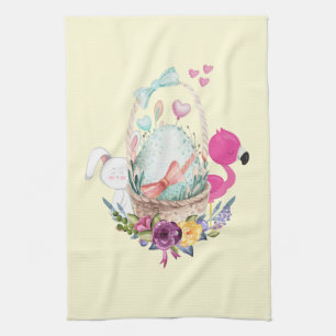 Cute Egg, Rosa Flamingo & Bunny, vattenfärg Kökshandduk