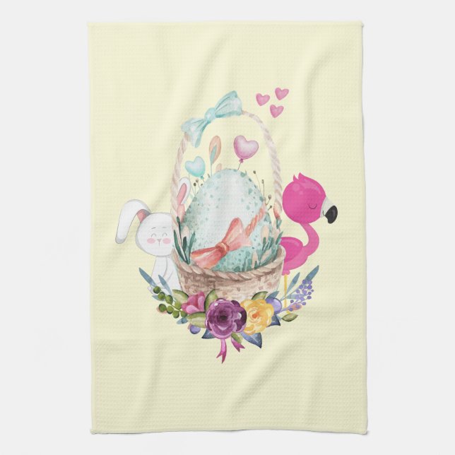 Cute Egg, Rosa Flamingo & Bunny, vattenfärg Kökshandduk (Vertikal)