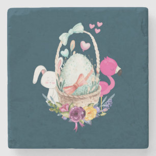 Cute Egg, Rosa Flamingo & Bunny, vattenfärg Stenunderlägg