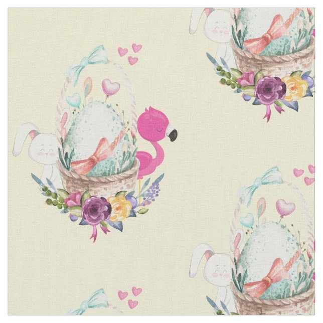 Cute Egg, Rosa Flamingo & Bunny, vattenfärg Tyg (Närbild)