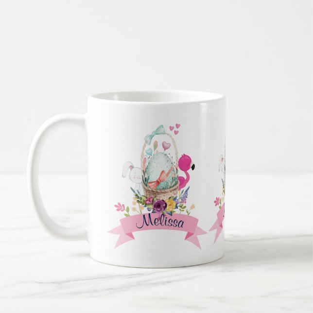 Cute Egg, Rosa Flamingo & Bunny, /w Ribbon Kaffemugg (Vänster)
