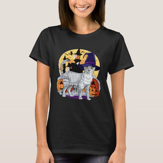 Cute Egyptian Mau Cat Halloween Witch Pumpkin T Shirt (Framsida)