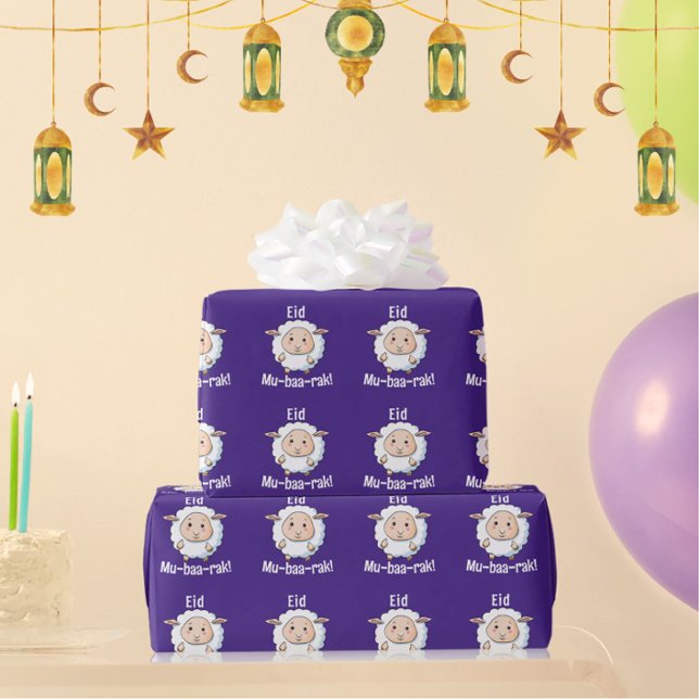 Cute "Eid Mubarak" Får Funny Kids Lila Presentpapper (Fun purple Eid Mubarak sheep wrapping paper. Great for kids!)