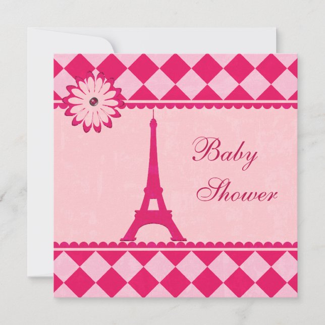 Cute Eiffel Torn Argyle Rosa Baby Shower Inbjudningar (Framsida)