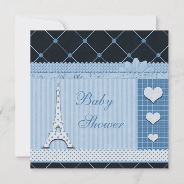 Cute Eiffel Torn Blue Polka dots Baby Shower Inbjudningar (Framsida)