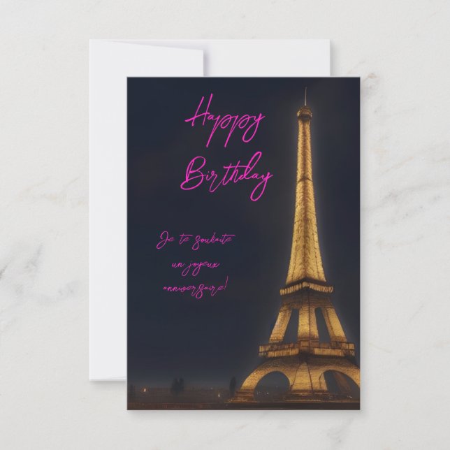 Cute Eiffel Torn Rosa Script Grattis på födelsedag Tack Kort (Framsida)