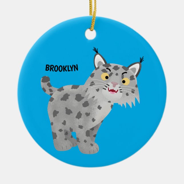 Cute elak bobcat lynx-tecknad julgransprydnad keramik (Framsidan)