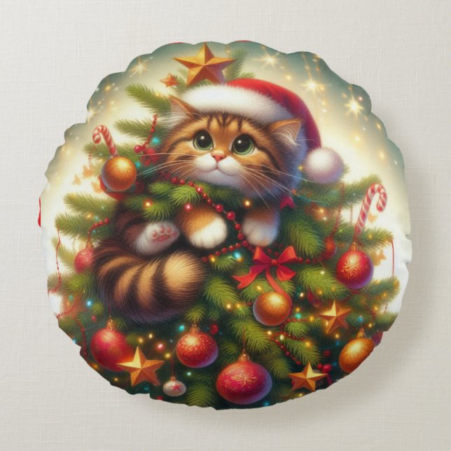 Cute, eländig katt i Julgran Rund Kudde (Framsidan)