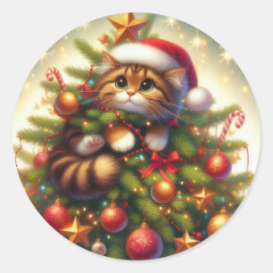 Cute, eländig katt i Julgran Runt Klistermärke