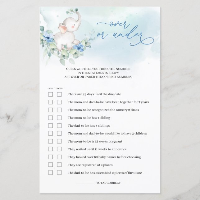 Cute elefant blåa blommor över eller under baby (Framsida)