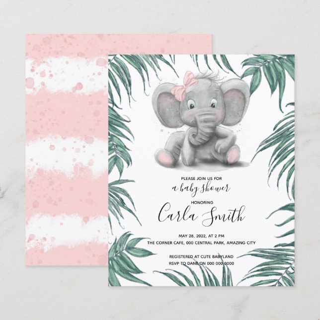 Cute elefant-flicka med löv för babydusch (Fram/baksida)