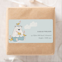 Cute Elegant Aqua Blue Bear Heart Birds Adress Fraktsedel