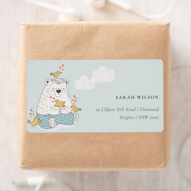 Cute Elegant Aqua Blue Bear Heart Birds Adress Fraktsedel (Insitu)