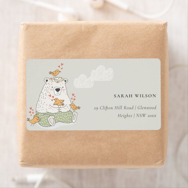 Cute Elegant Aqua Grönt Bear Heart Birds Adress Fraktsedel (Insitu)