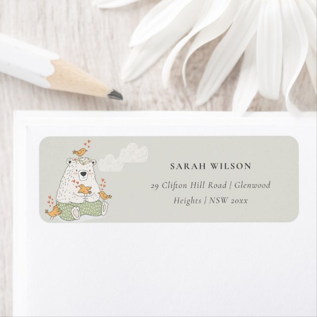 Cute Elegant Aqua Grönt Bear Heart Birds Adress Returadress Etikett (Insitu)