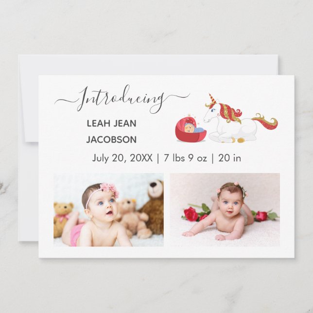 Cute Elegant Baby Photo Birth Announcement Unicorn Meddelande (Framsida)