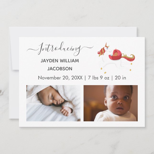 Cute Elegant Baby Photo Birth Announcement Unicorn Meddelande (Framsida)