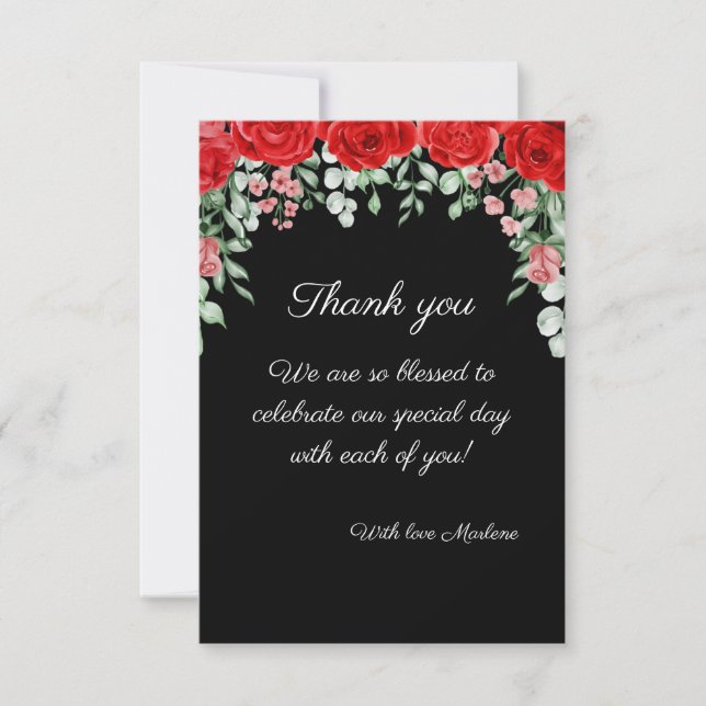 Cute Elegant Black och Red Blommigt Bröllop Tack Kort (Framsida)