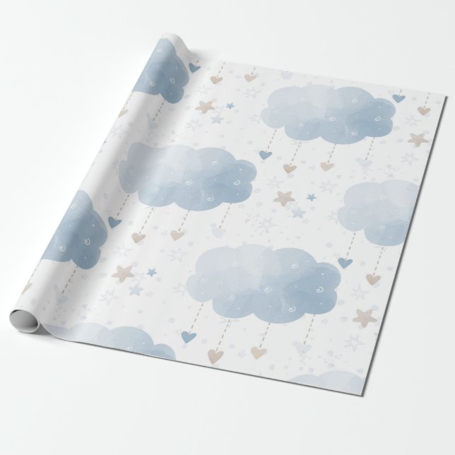 Cute Elegant Blue Ivory Clouds Stars Boy Shower Presentpapper (Utrullad)