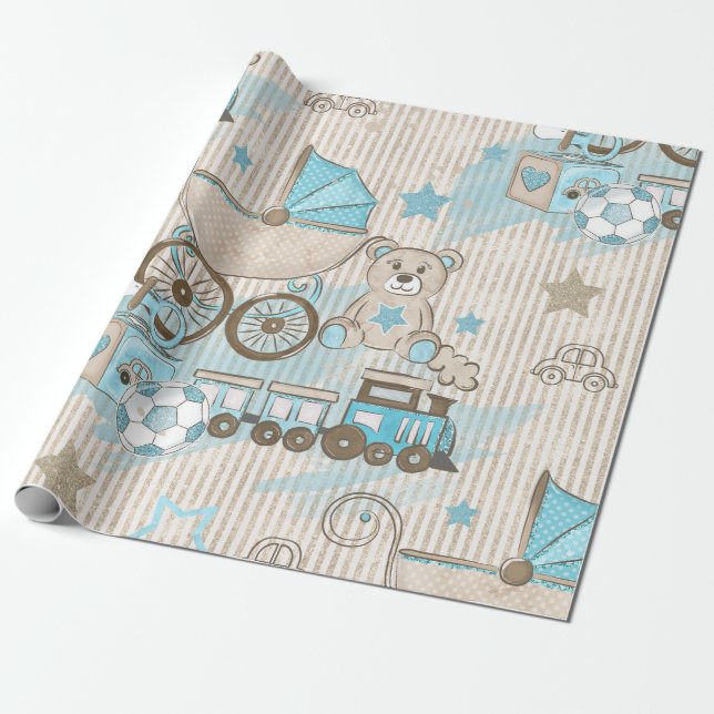 Cute Elegant Blue Ivory Rand Leksak Boy Shower Presentpapper (Utrullad)