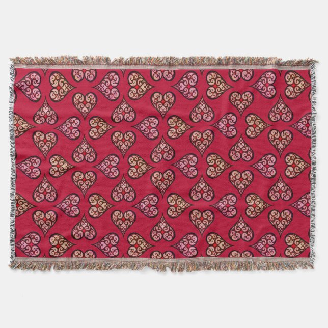 Cute & Elegant Boho Hearts Red Vintage Mönster Filt (Framsidan)