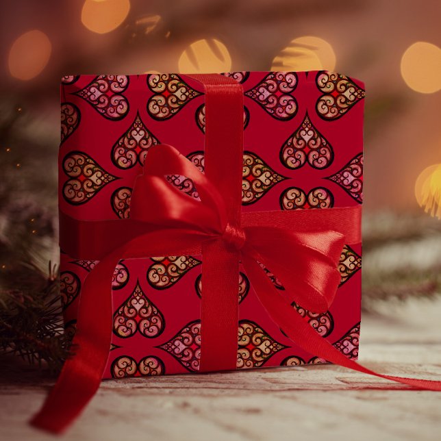 Cute & Elegant Boho Hearts Red Vintage Mönster Presentpapper (Skapare uppladdad)