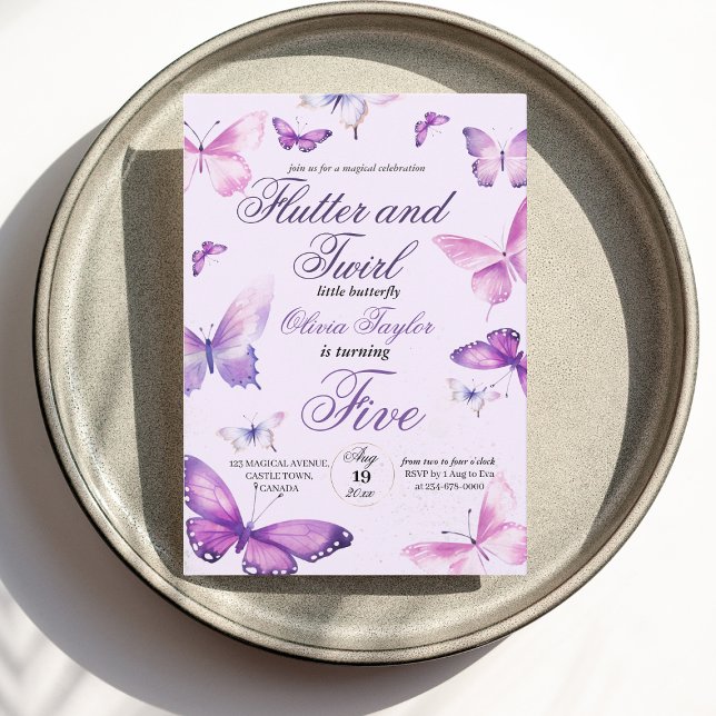 Cute Elegant Butterfly Girls 5:e födelsedag Inbjudningar (Skapare uppladdad)