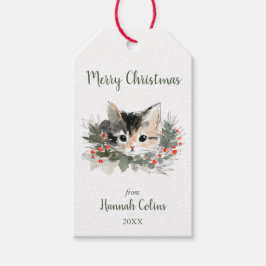 Cute Elegant Calico Kitten Minimalist Christmas Presentetikett