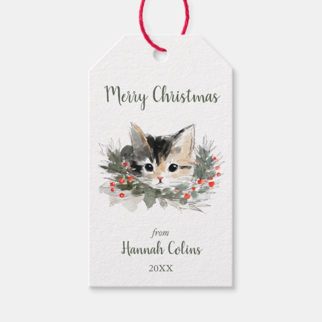 Cute Elegant Calico Kitten Minimalist Christmas Presentetikett (Framsidan)