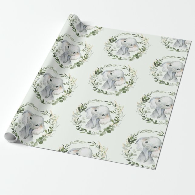 Cute & Elegant Greenery Guld Lövs Baby Elephant Presentpapper (Utrullad)
