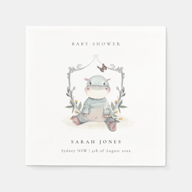 Cute Elegant Gult Baby Hippo Foliage Baby Shower Pappersservett (Framsidan)