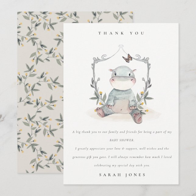 Cute Elegant Gult Baby Hippo Foliage Baby Shower Tack Kort (Fram/baksida)