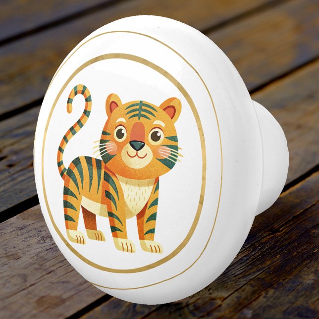 Cute Elegant Kattunge Knopp (A fun ceramic door knob featuring a cute kitty in warm colors with a golden lining)