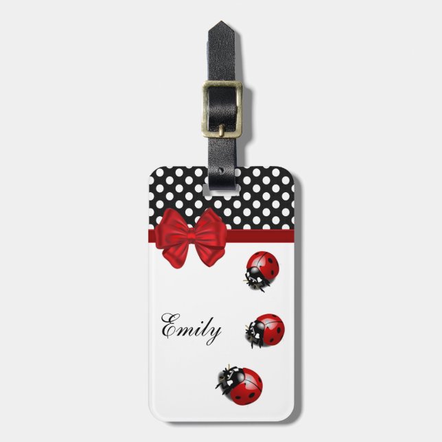 Cute elegant ladybugs polka dots monogram bagagebricka (Vertikal Framsida)