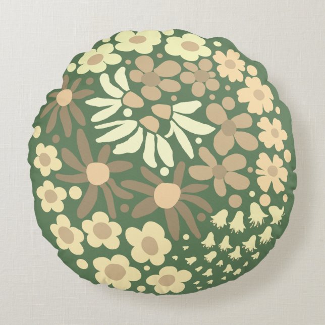 Cute Elegant Modern Retro Beige Flowers Sage Rund Kudde (Framsidan)
