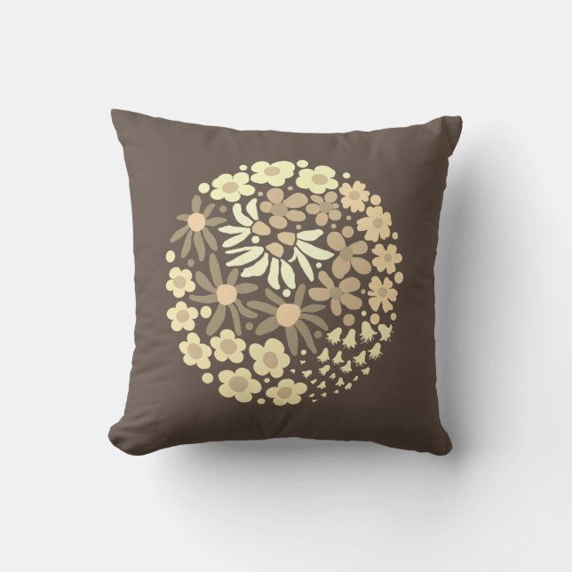 Cute Elegant Modern Retro Brown Beige Flowers Kudde (Framsida)