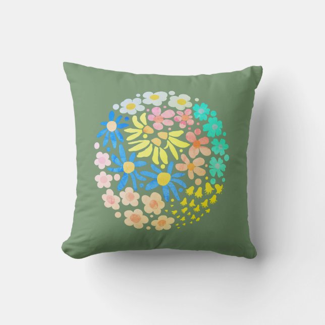 Cute Elegant Modern Retro Flowers Sage Kudde (Framsida)