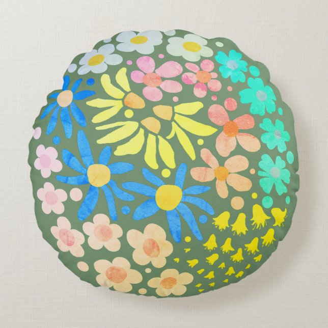 Cute Elegant Modern Retro Flowers Sage Rund Kudde (Framsidan)