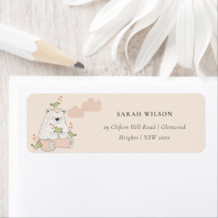 Cute Elegant Rosa Bear Heart Birds Adress Returadress Etikett