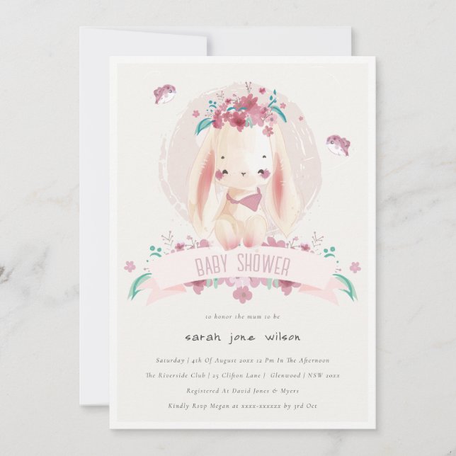 Cute Elegant Rosa Blommigt Bunny & Birds Baby Show Inbjudningar (Framsida)