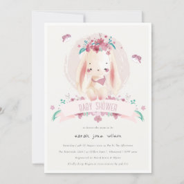 Cute Elegant Rosa Blommigt Bunny & Birds Baby Show Inbjudningar