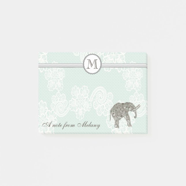 Cute elegant snyggt snöre elefant monogram post-it block (Framsida)