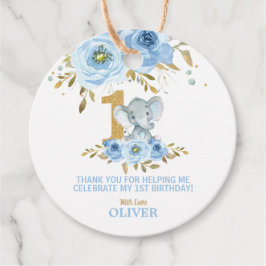 Cute Elephant 1st Birthday Blue Blommigt Tack Gåvor Etiketter
