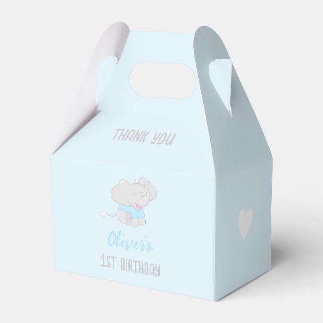 Cute Elephant 1st Birthday Blue Favor Box Presentaskar (Framsidan Sidan)