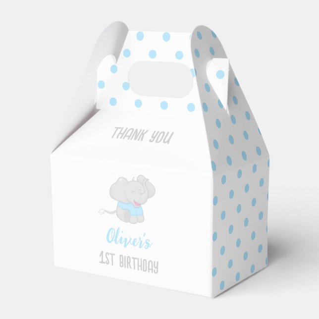 Cute Elephant 1st Birthday Blue Favor Box Presentaskar (Framsidan Sidan)