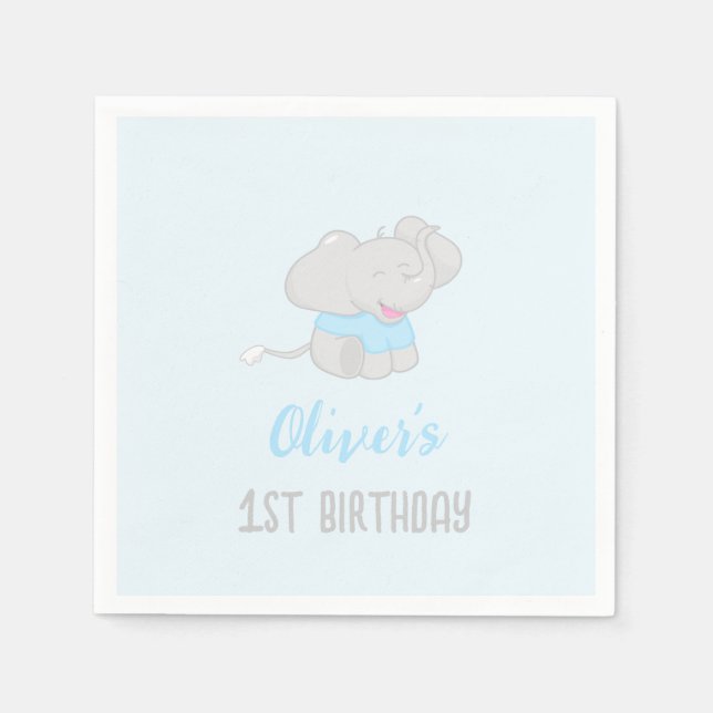 Cute Elephant 1st Birthday Blue Pappersservett (Framsidan)