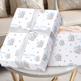 Cute Elephant 1st Birthday Blue Personlig Namn Presentpapper