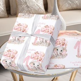 Cute Elephant 1st Birthday Girl Personlig Rosa Presentpapper