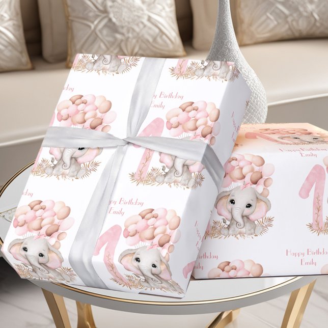 Cute Elephant 1st Birthday Girl Personlig Rosa  Presentpapper (Cute Elephant 1st Birthday Girl Pink Personalized Wrapping Paper)